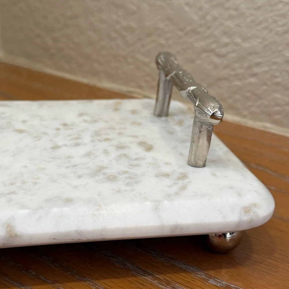 NWT Elegant Marble Bath Vanity Tray with Silver Handles - Made in India